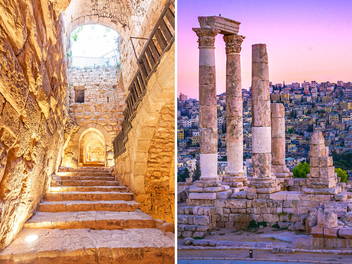 interior of ajloun castle and columns at the amman citadel