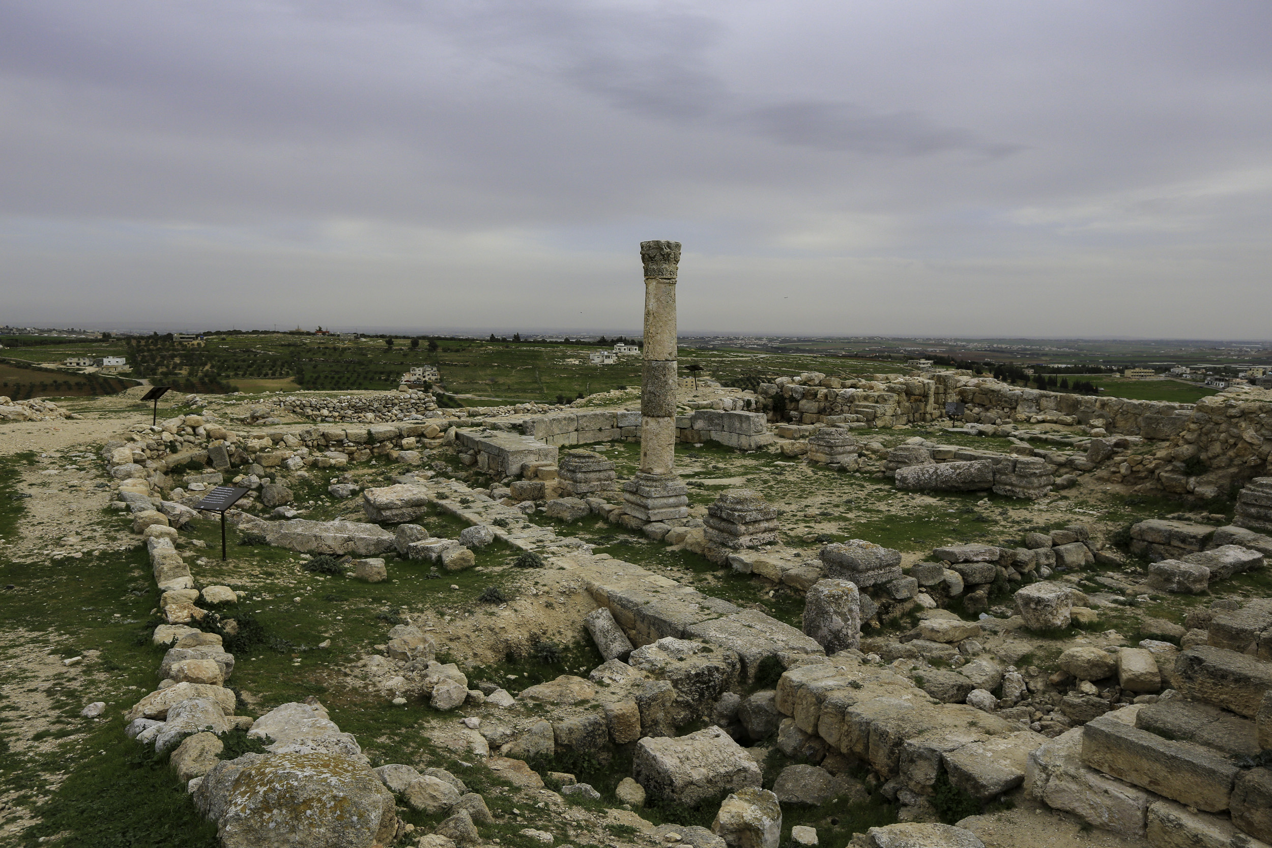 Hisban Archaeological site - one column stands among low walls